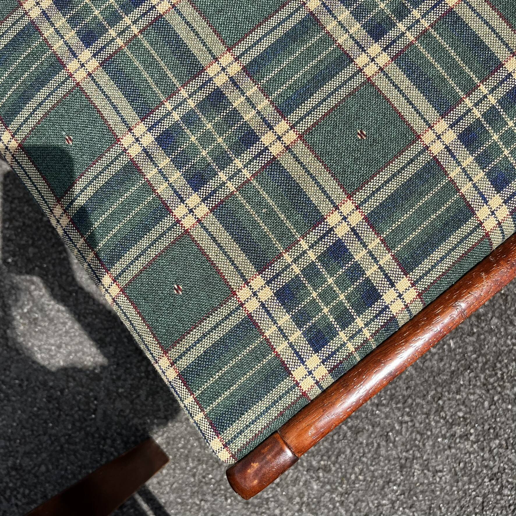 Lot of 3 vintage checkered wood and fabric chairs.