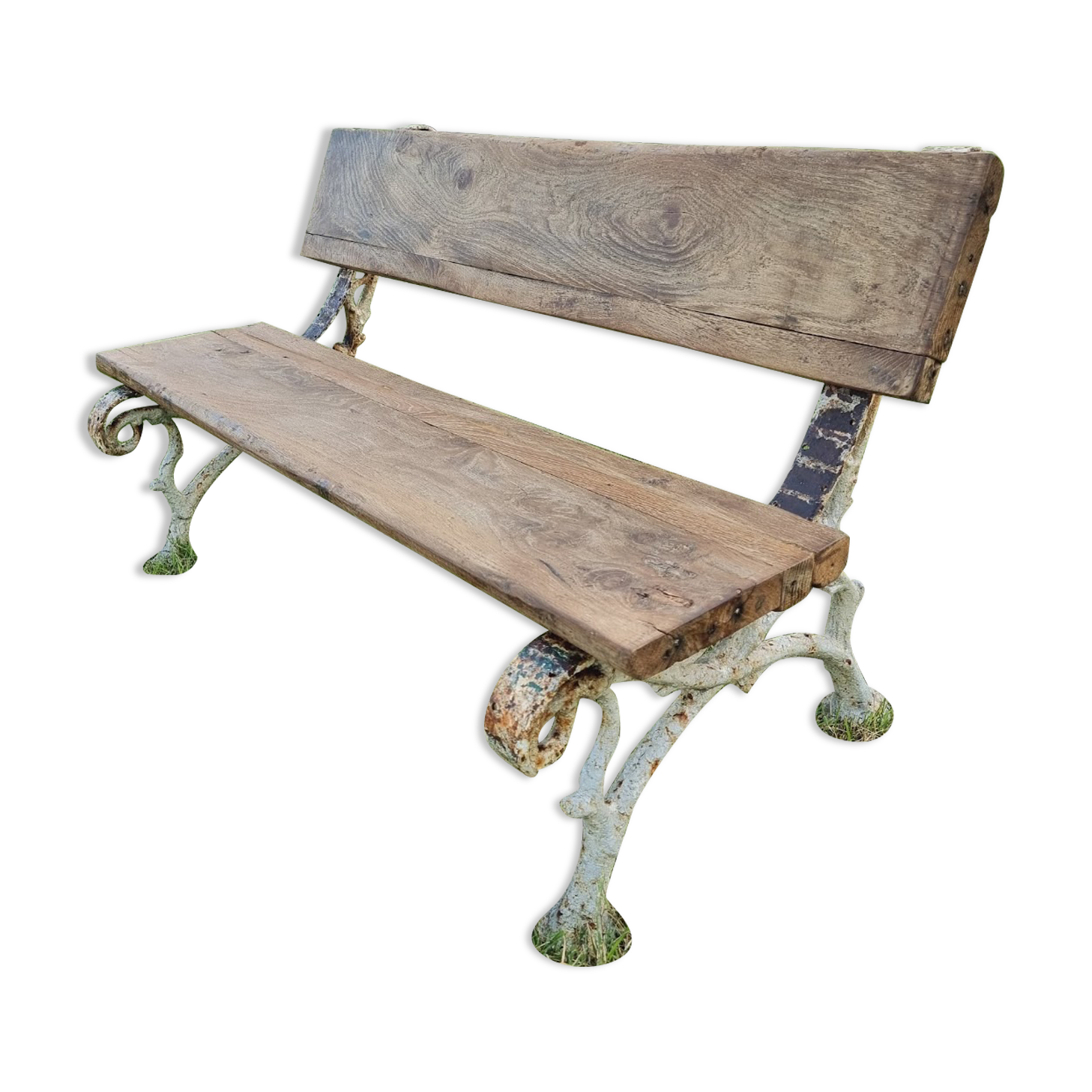 Antique garden bench oak on cast iron legs 125 cm