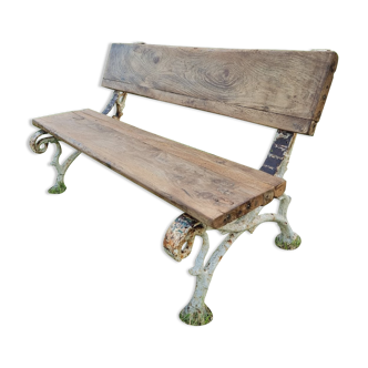 Antique garden bench oak on cast iron legs 125 cm