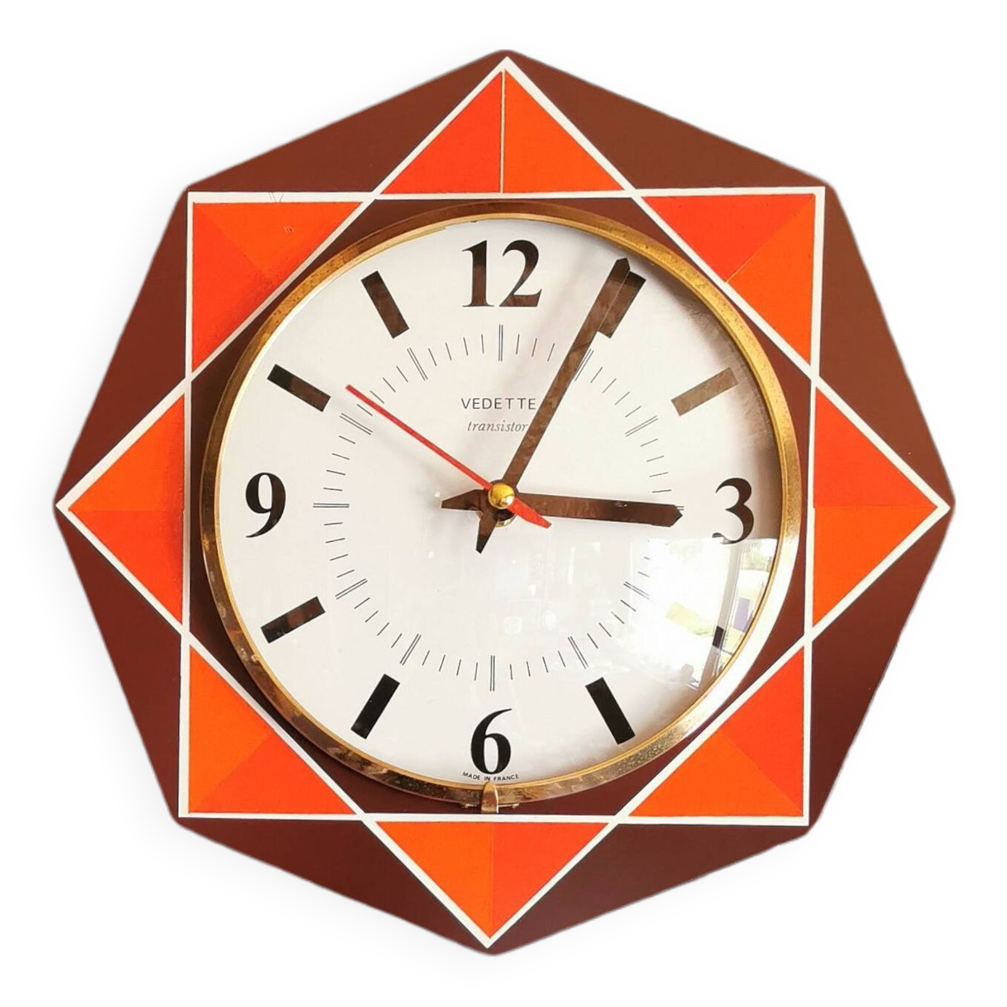 Vintage formica clock silent octagonal wall pendulum "Star chocolate orange"