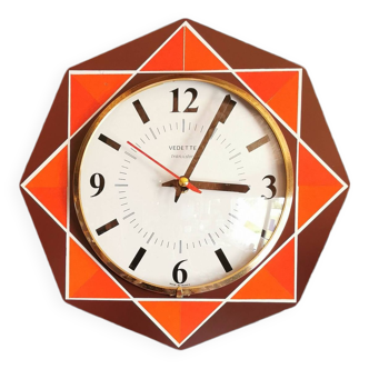 Horloge formica vintage pendule murale silencieuse octogonale "Vedette chocolat orange"