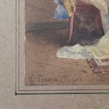 Watercolor paper scene of a bourgeois interior by Eugènes Charles Picou, 19th century