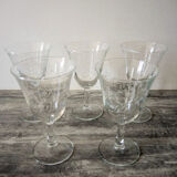 5 old transparent foot glasses – white floral pattern