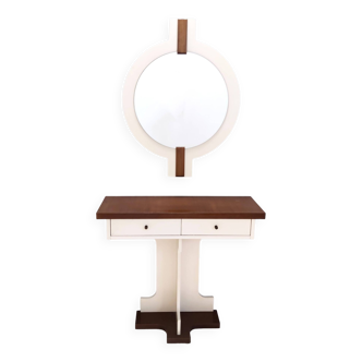 Postmodern Walnut Wall Mirror and Console with Ivory Lacquered Parts, Italy