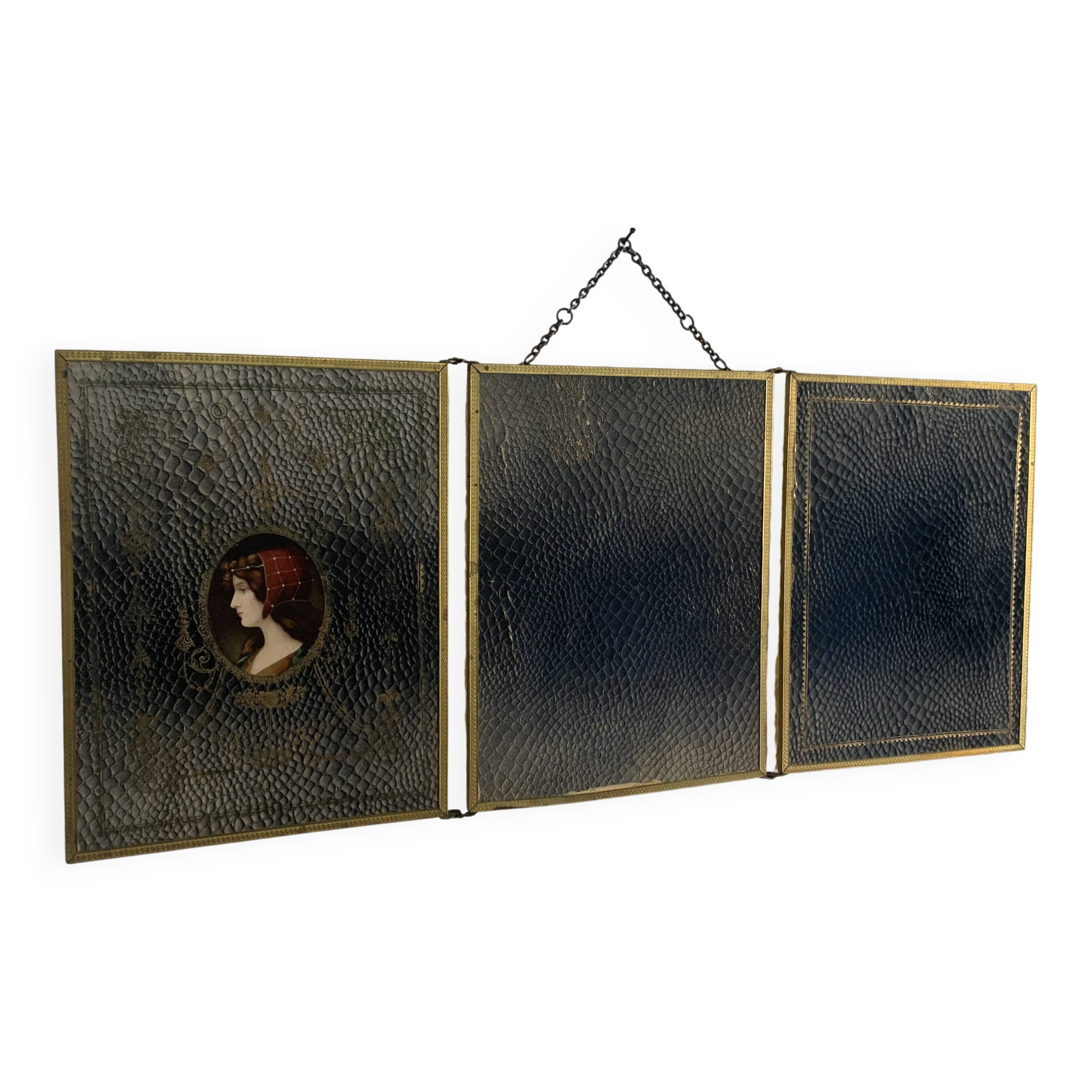Vintage 1900 triptych mirror, golden barber woman - 27 x 67 cm