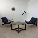 Set of 2 Scandinavian design teak armchairs from the 60s, new blue fabric