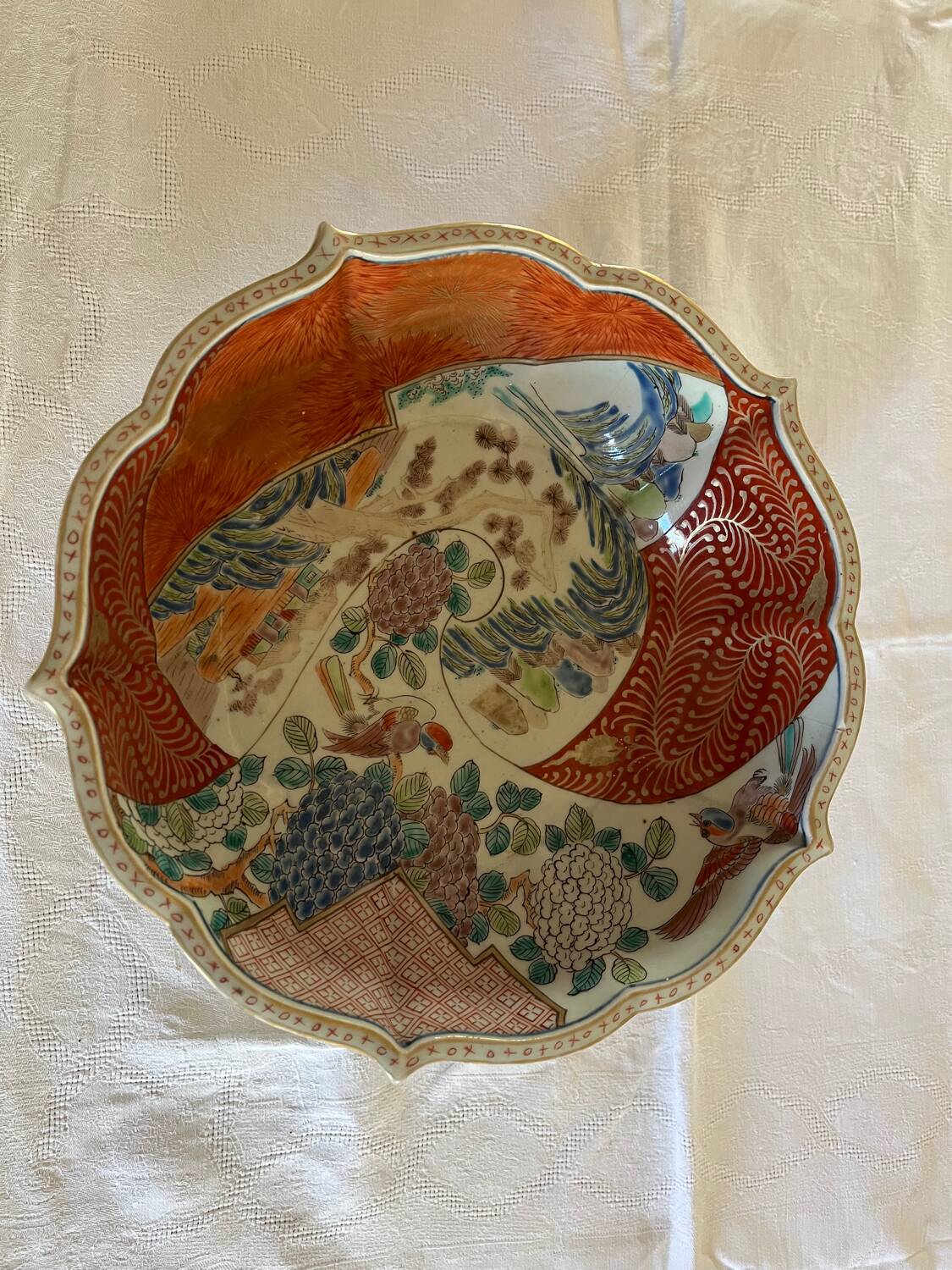 Chinese ceramic cup landscape patterns brass base supported by 4 elephants lai