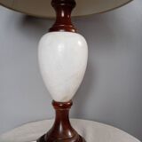 Table lamp with wooden and alabaster base, fabric lampshade