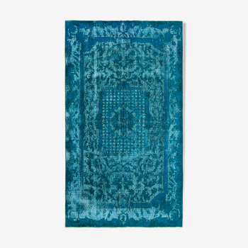Handmade antique turkish 1980s 143 cm x 251 cm turquoise carpet