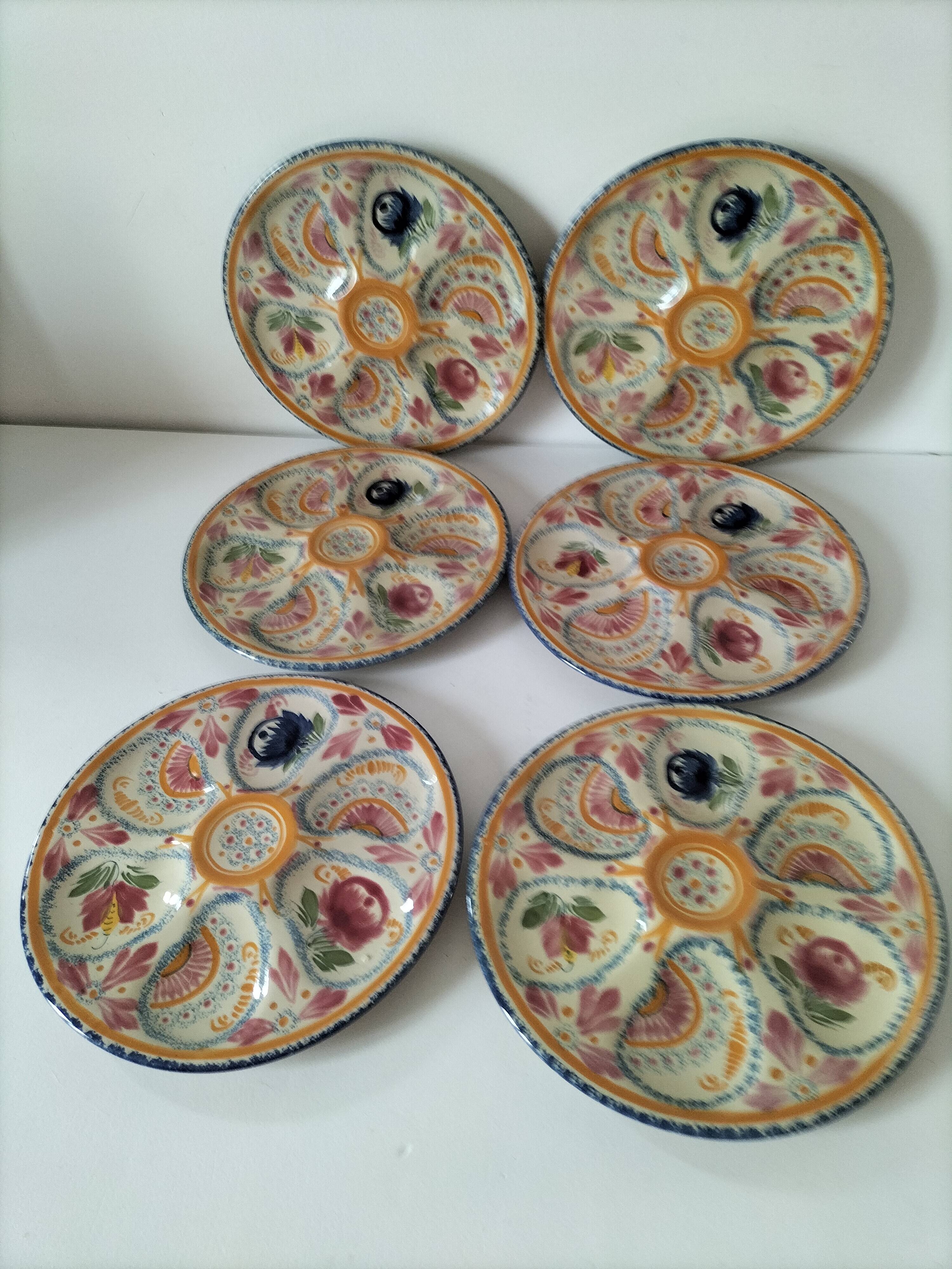 6 oyster plates Henriot Quimper decor 137 hand-painted