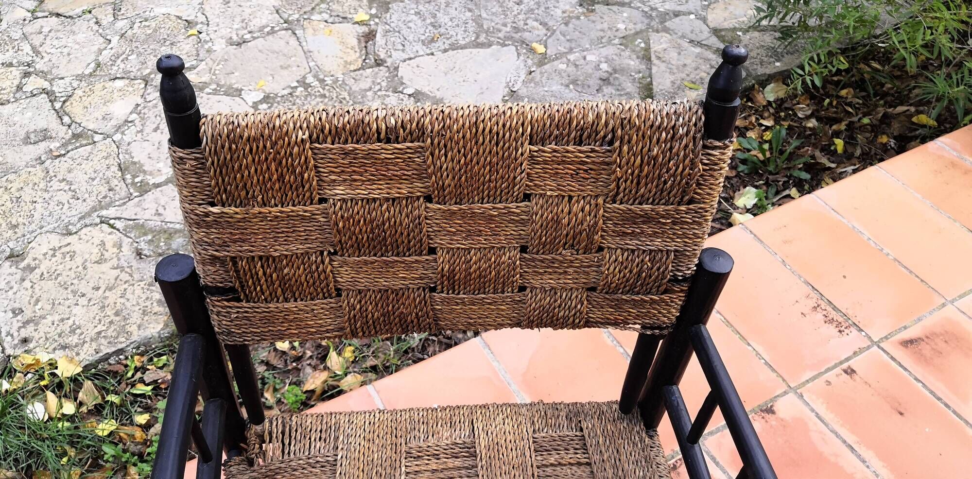 Modernist armchair in wood and braided rope, vintage 1950