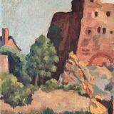 Oil on canvas landscape with a fortress circa 1930 by Dernay