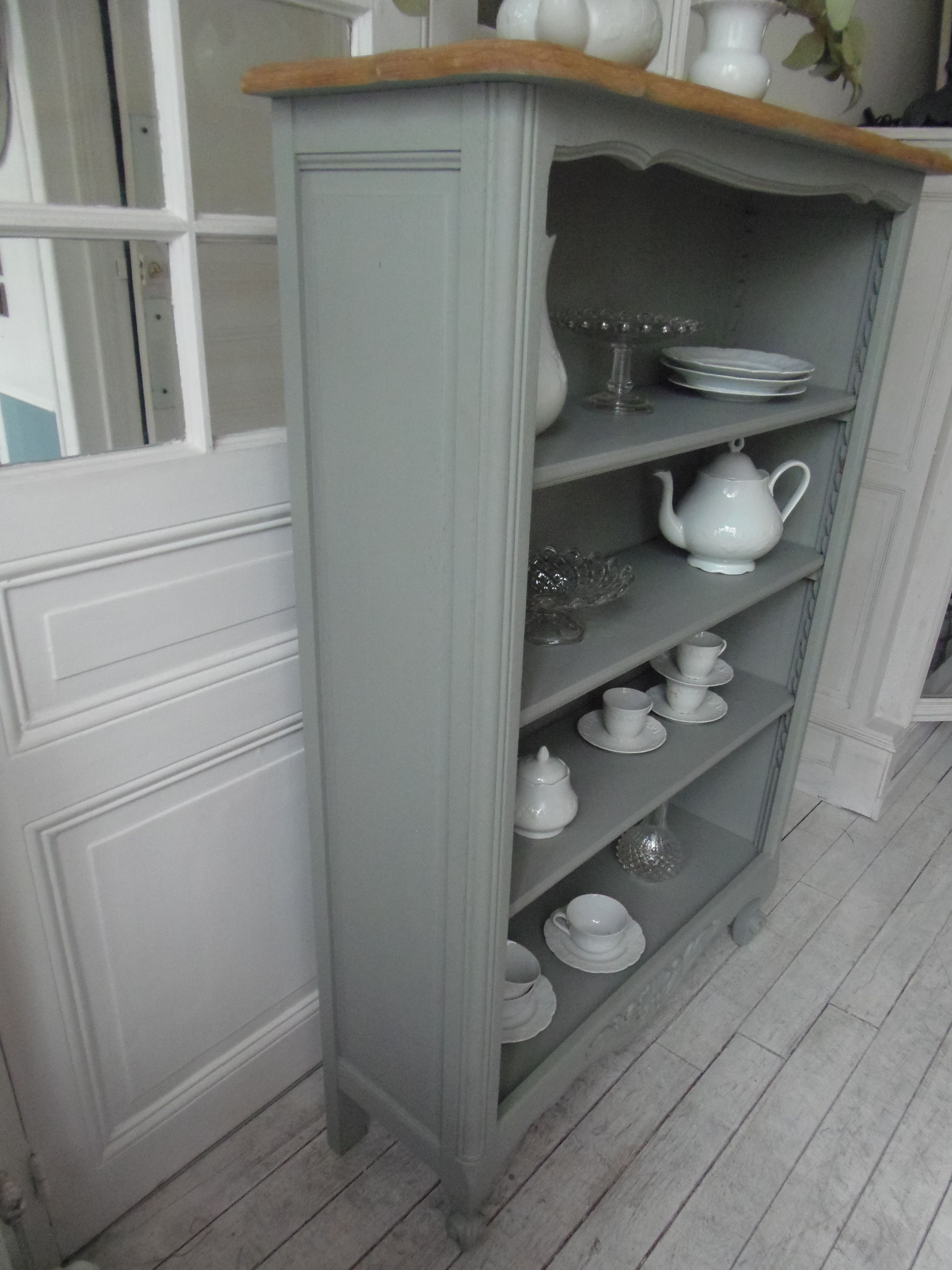 Louis XV style bookcase, green gray with 3 adjustable shelves, wooden tray.