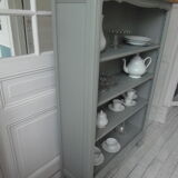 Louis XV style bookcase, green gray with 3 adjustable shelves, wooden tray.