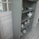 Louis XV style bookcase, green gray with 3 adjustable shelves, wooden tray.