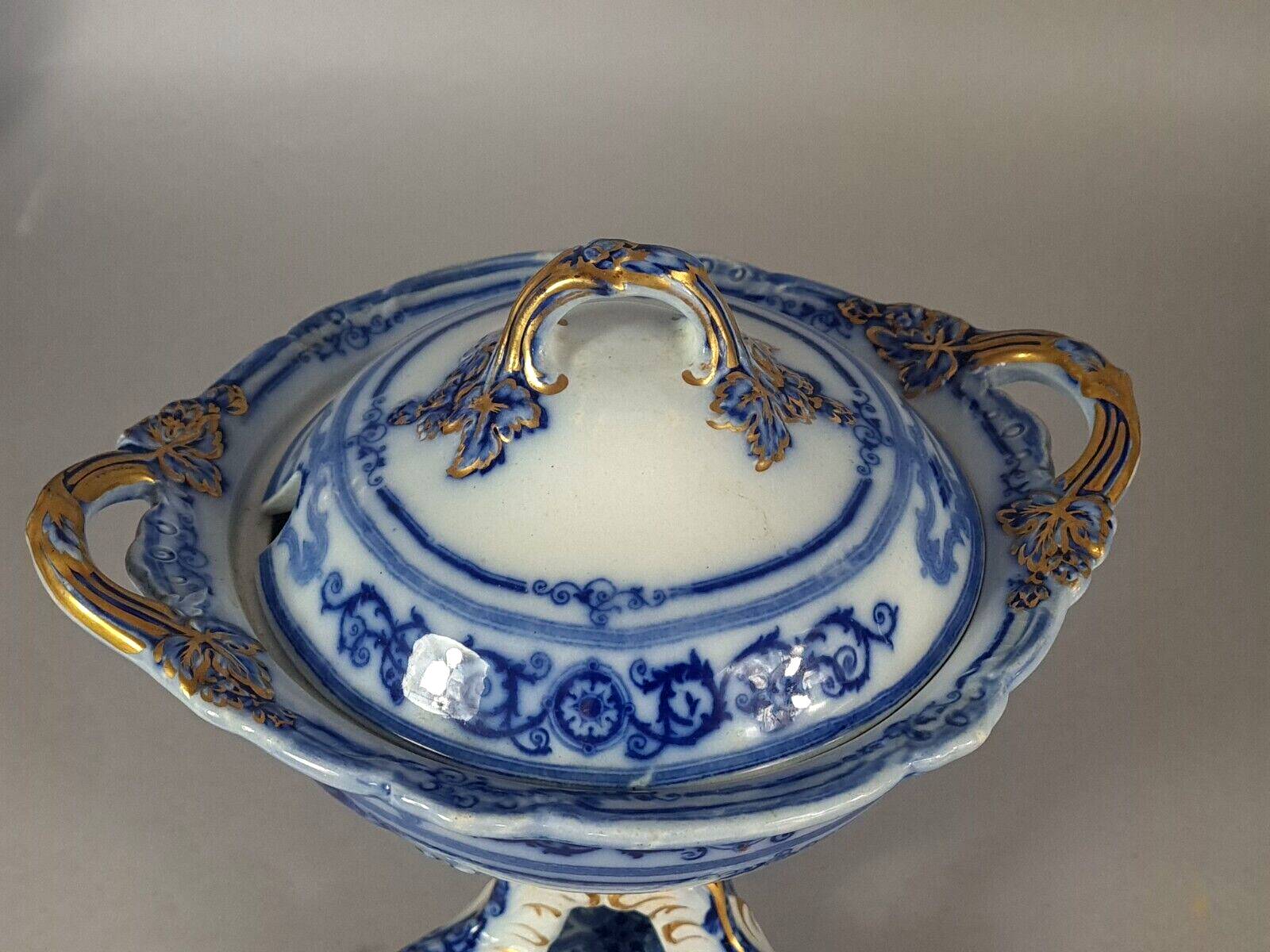 Beautiful covered tripod compote dish in blue and gold earthenware from the late 19th century SC