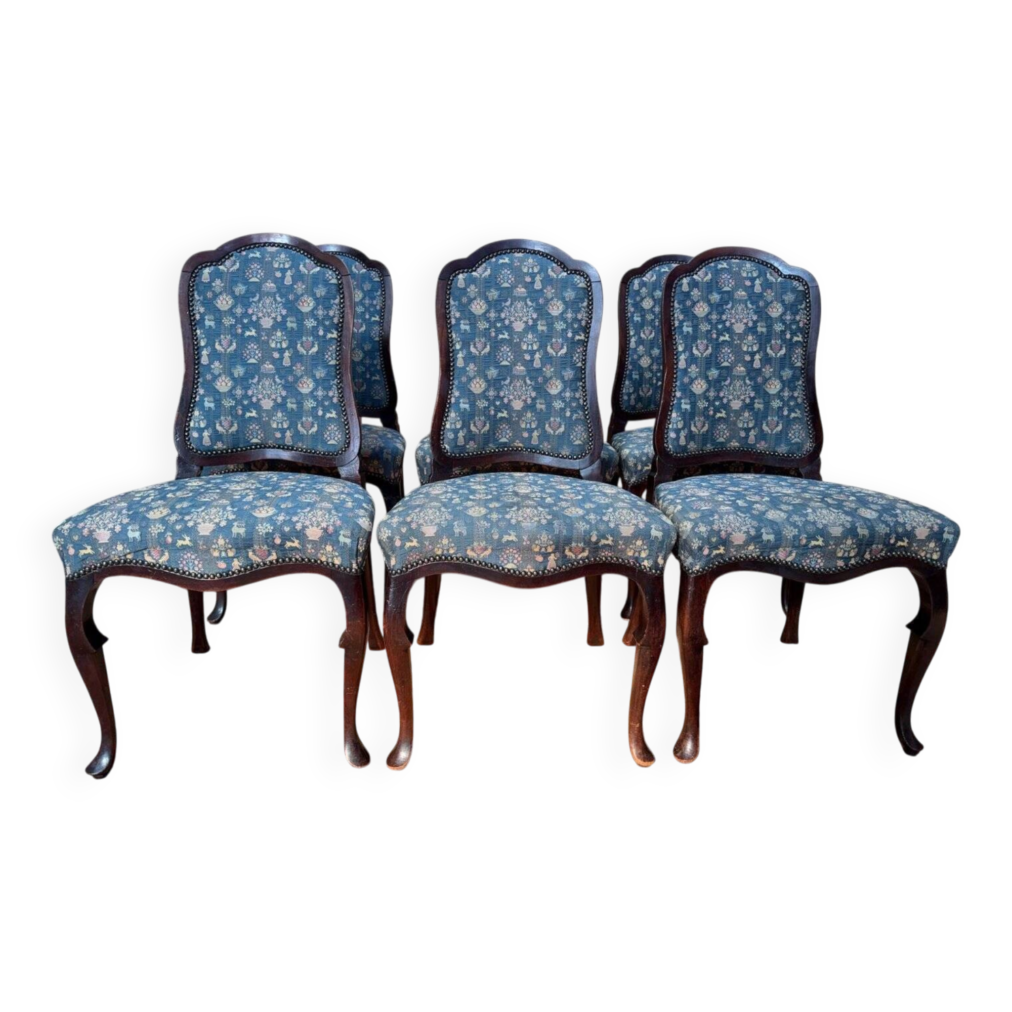 Suite de 6 chaises Chippendale anglais XIXe – Acajou, tissu jacquard