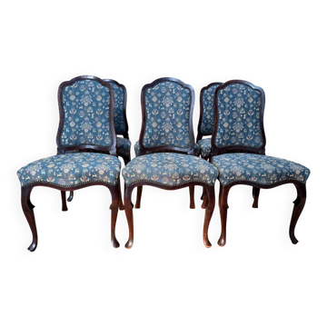 Set of 6 English Chippendale chairs from the 19th century – Mahogany, jacquard fabric