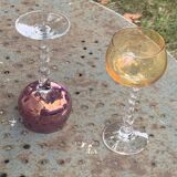 Set of 9 colored port glasses, 5 tulip-shaped and 4 balloons