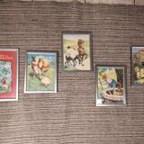 Set of 5 illustrations framed in glass the Fables of La Fontaine
