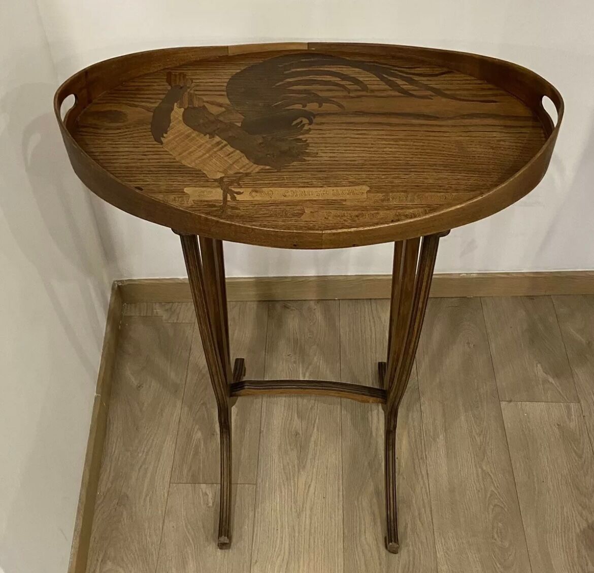 Lounge table rooster signed galle era art nouveau marquetry