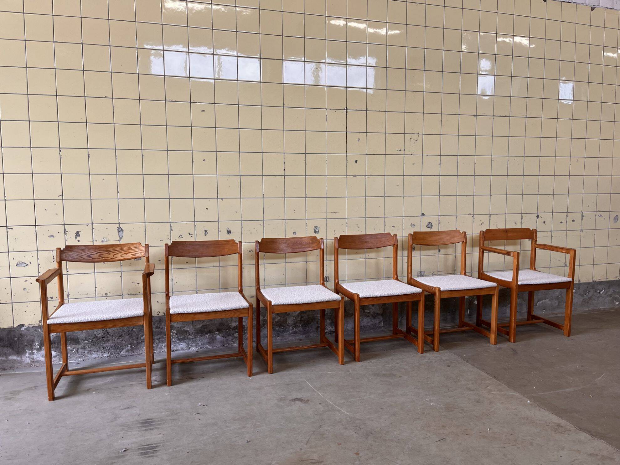 Set of six brutalist dining chairs in pine