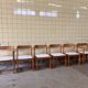 Set of six brutalist dining chairs in pine