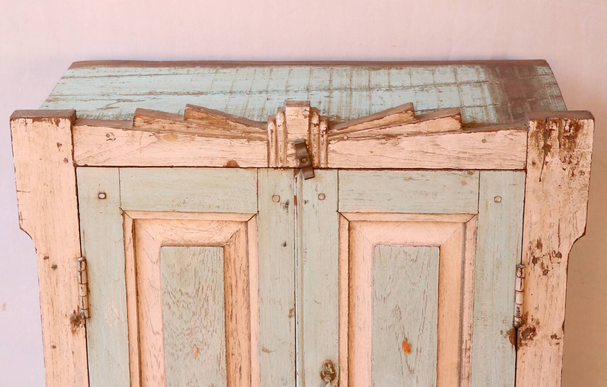 Old art deco cabinet in original turquoise-pink patina Burmese teak