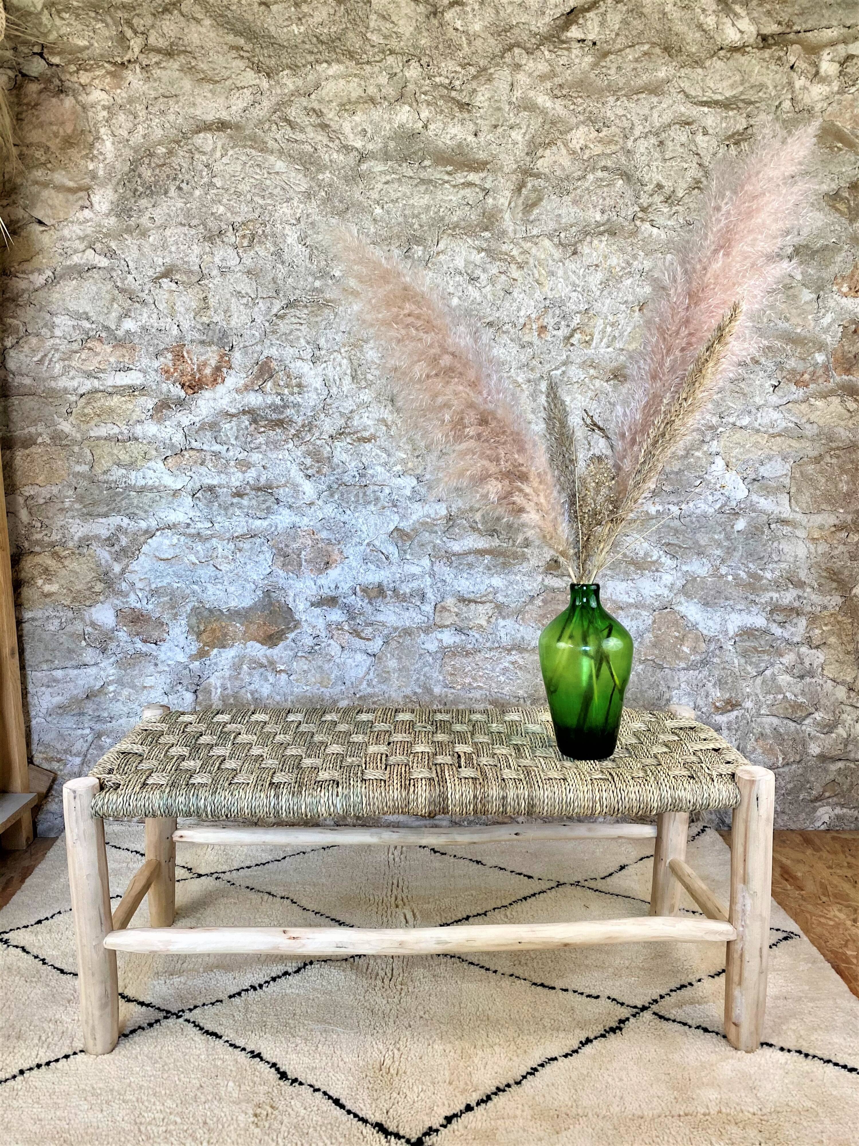 poplar bench and braided doum (palm tree)