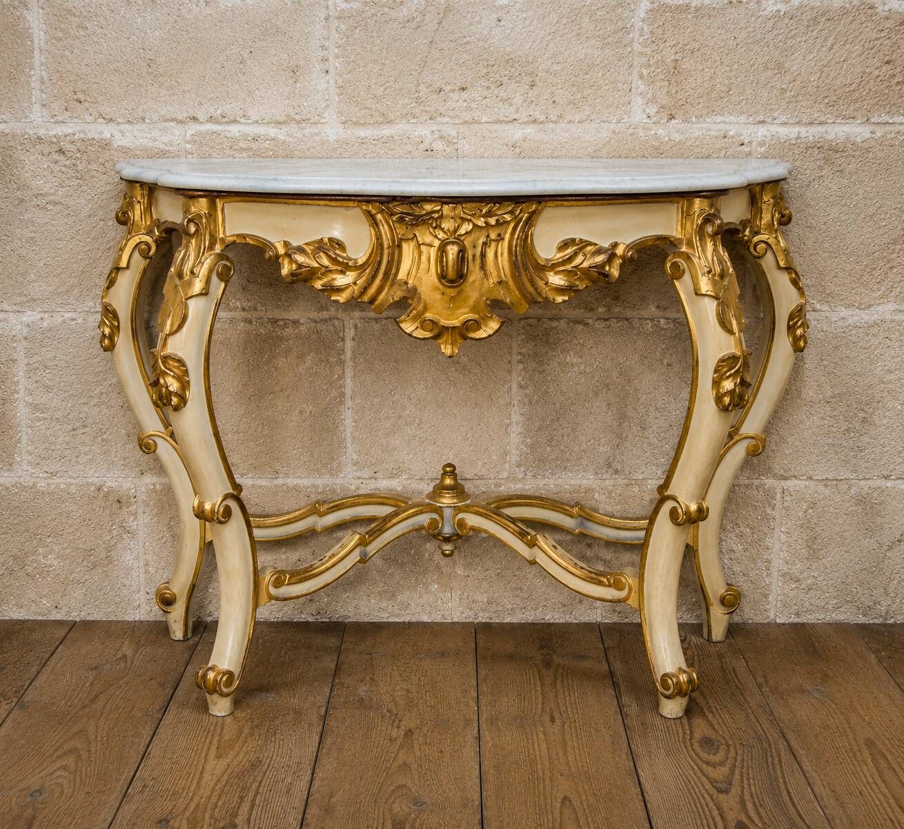 Louis XV style console – Cream and gold lacquered wood – Marble top
