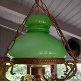 Old green opaline chandelier, gold metal and earthenware