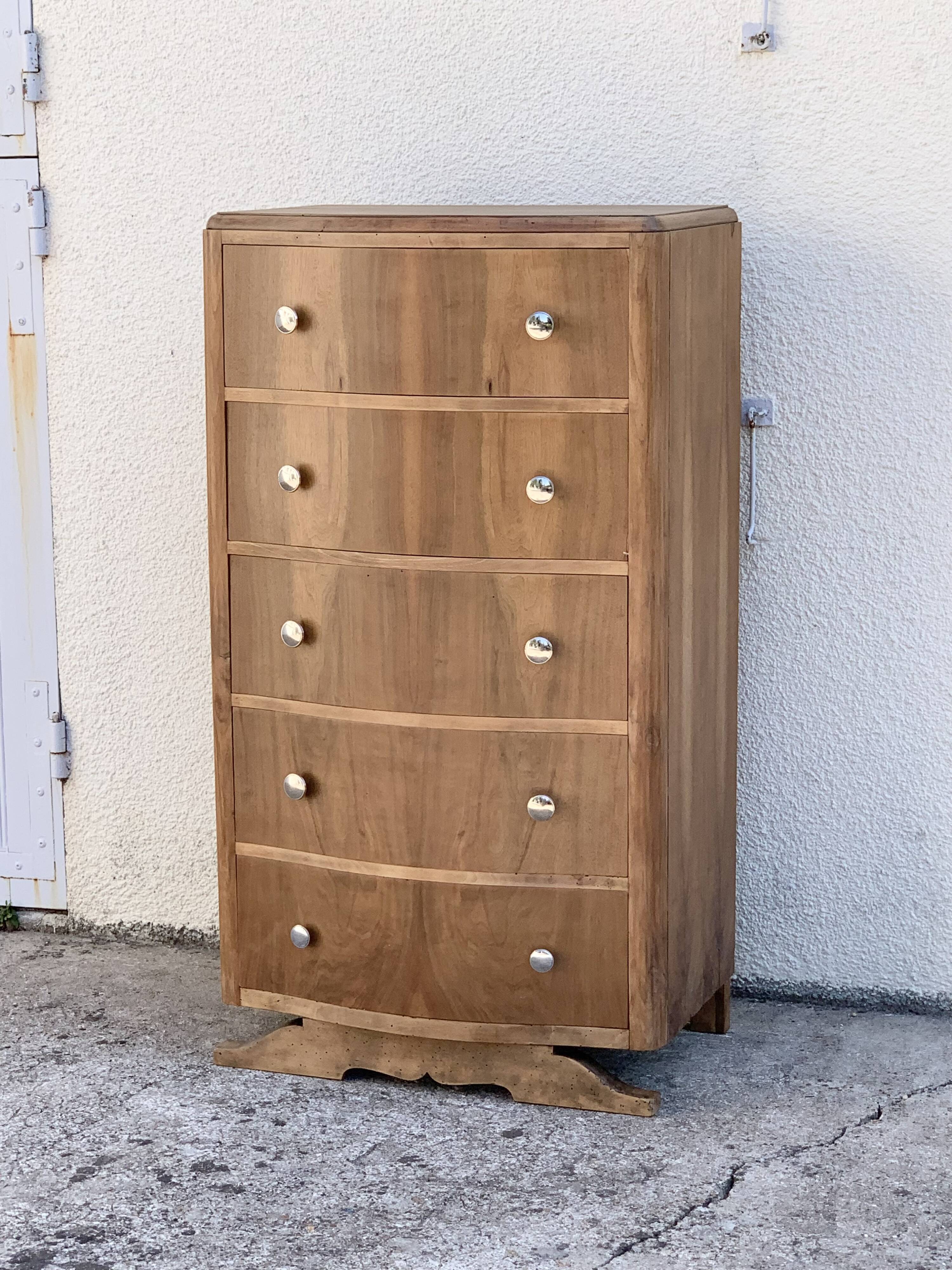 High art deco chest of drawers with mustache feet in raw walnut, 1930s