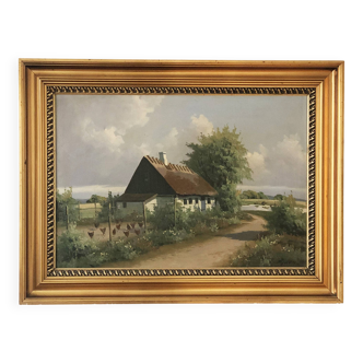 Large Vintage Countryside Cottage Original Oil Painting,circa 1940