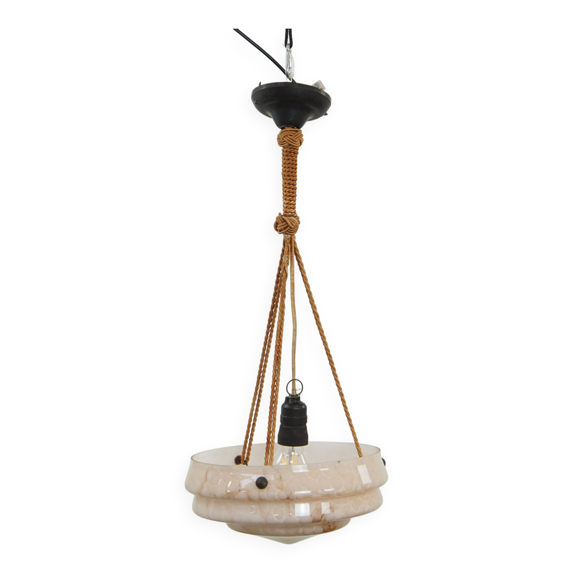 Vintage soft pink marbled glass Art Deco design pendant lamp