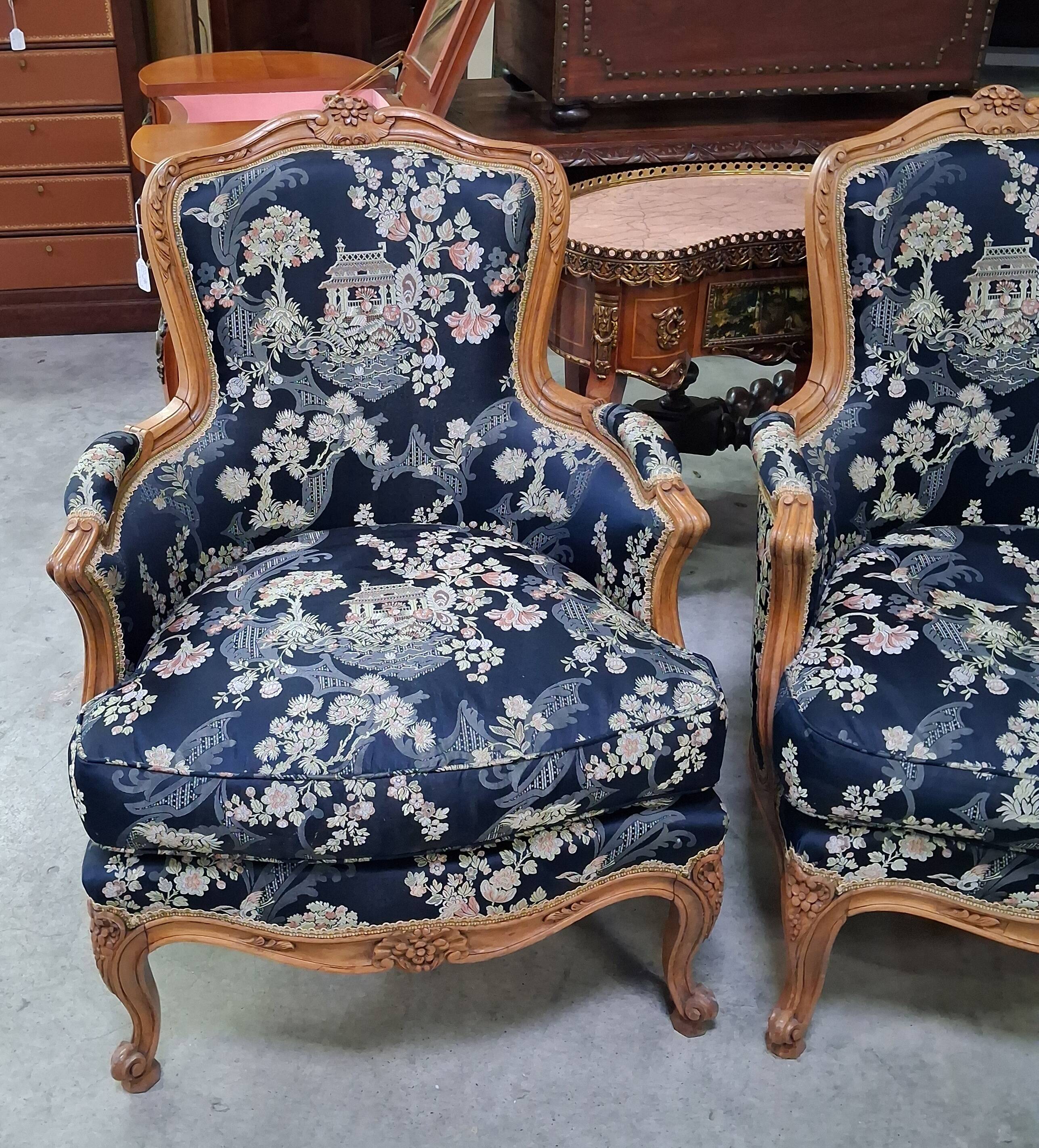 Pair of Louis XV style armchairs with Japonese tapestry.
