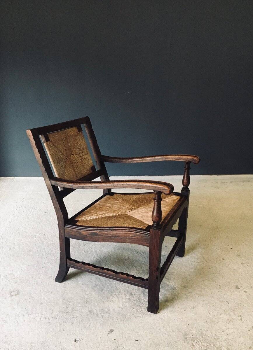 Low Arts & Crafts Oak & Rush Armchair, Belgium 1920s