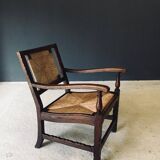 Low Arts & Crafts Oak & Rush Armchair, Belgium 1920s
