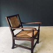 Low Arts & Crafts Oak & Rush Armchair, Belgium 1920s