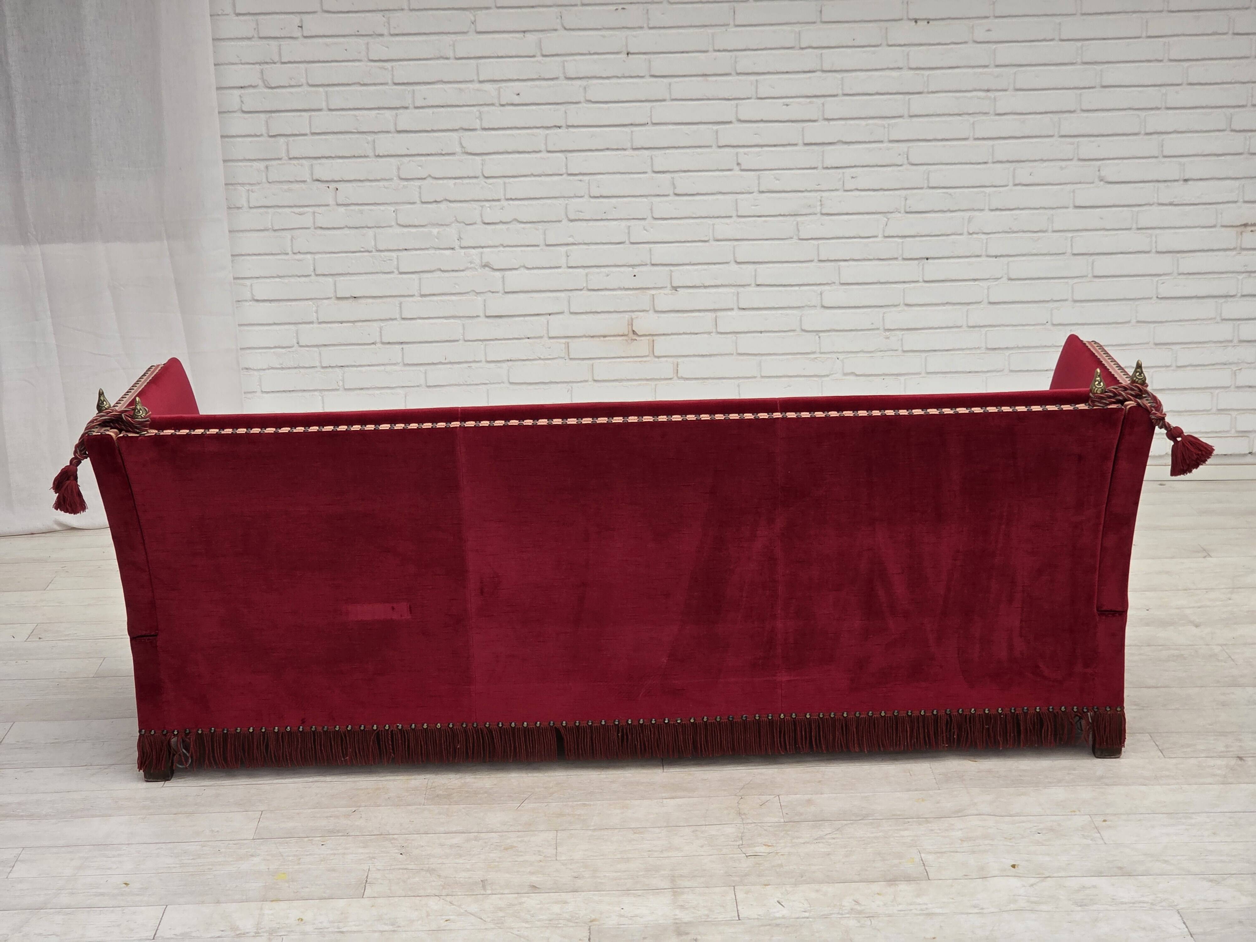 1970s, Danish 3-seater drop arm "Spanish" sofa, red furniture velour.