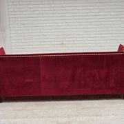 1970s, Danish 3-seater drop arm "Spanish" sofa, red furniture velour.