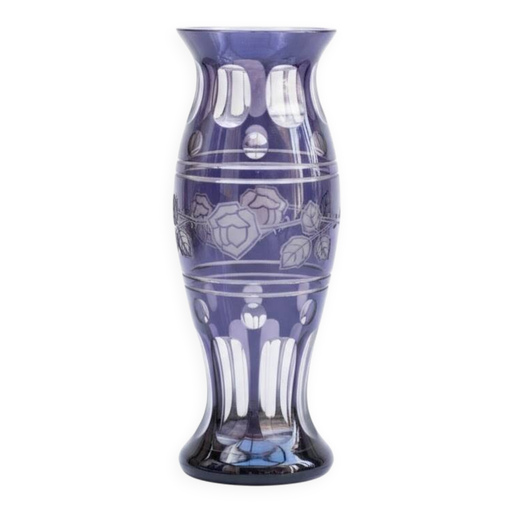 Purple engraved glass vase decorated with roses and "bubbles"