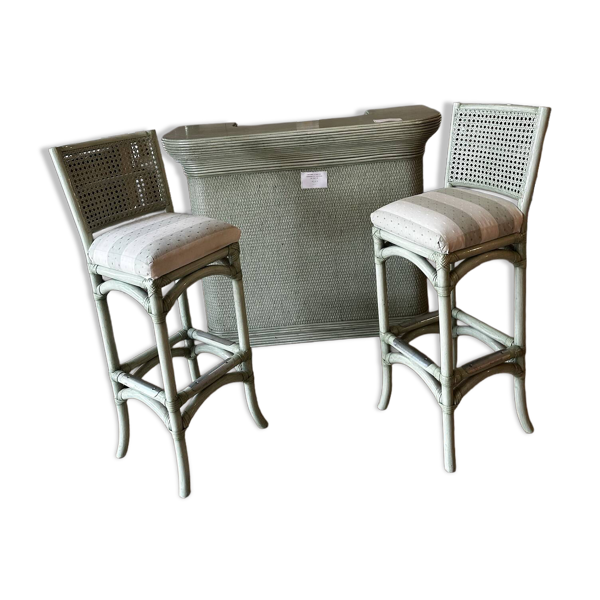 Ensemble bar et tabourets vintage en rotin
