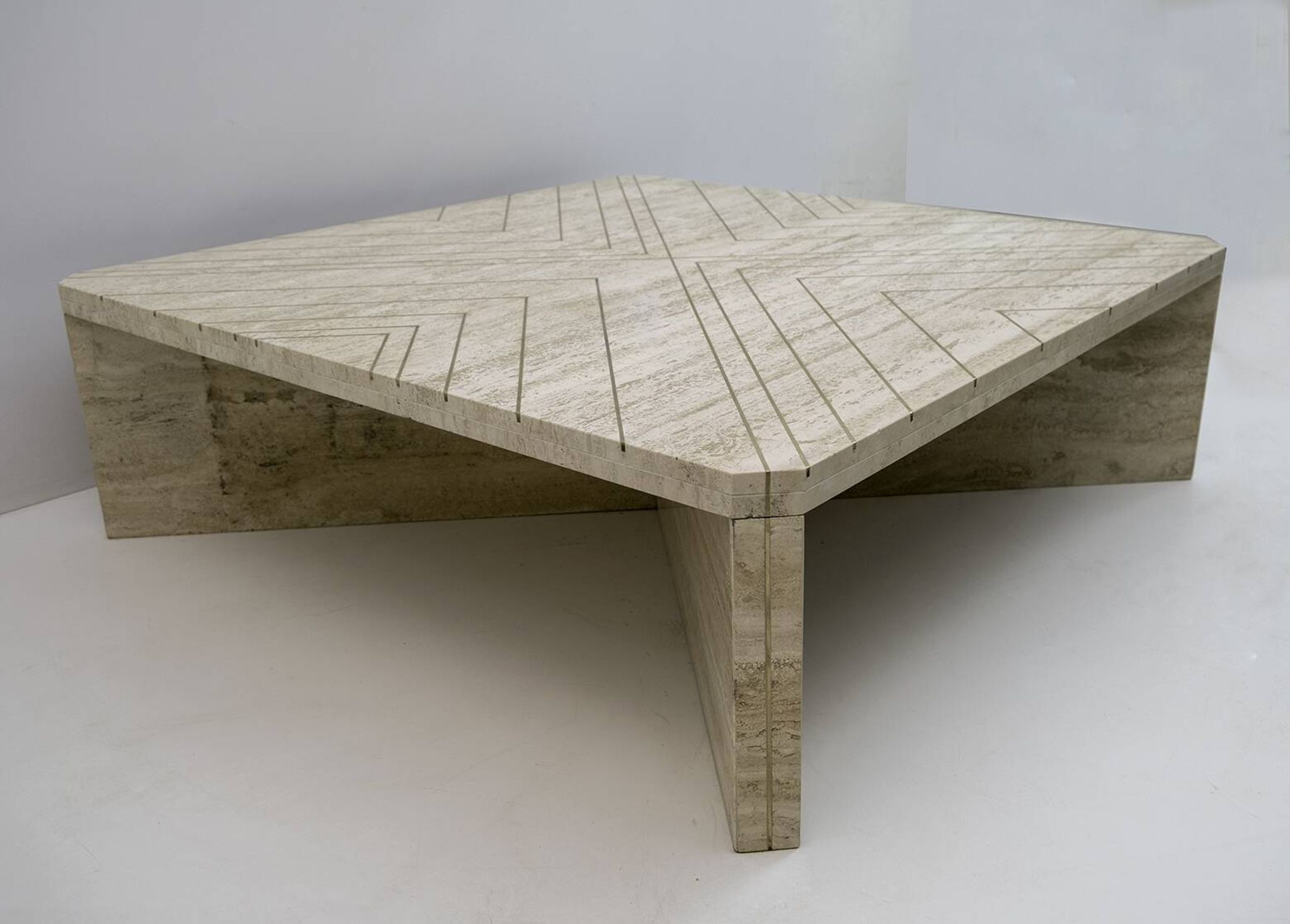 Mid-Century Italian Travertine Coffee Table with Brass Inlays, 70s