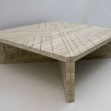 Mid-Century Italian Travertine Coffee Table with Brass Inlays, 70s