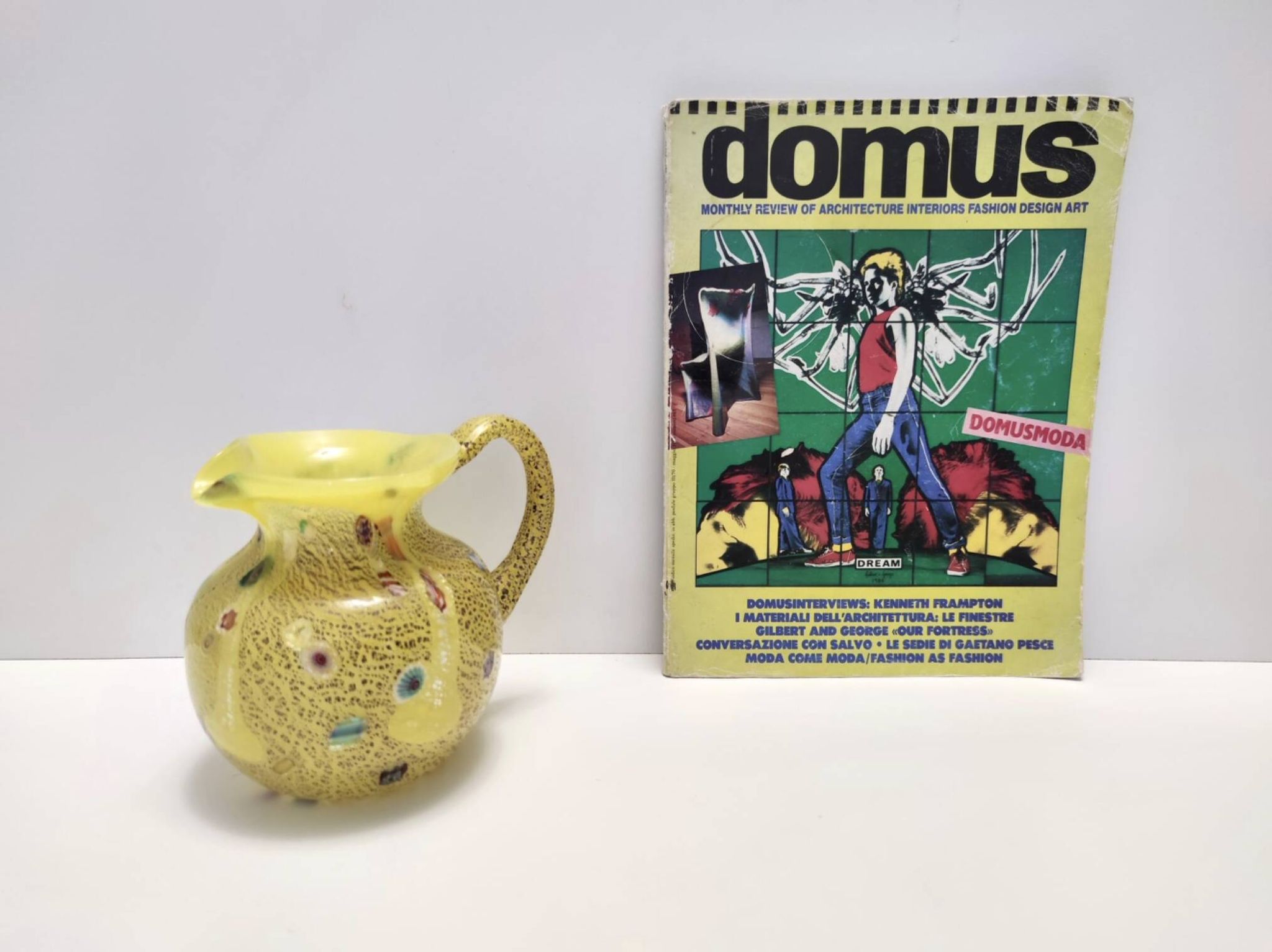 Postmodern Yellow Opaline Hand Blown Glass Jug with Murrines and Silver Flakes