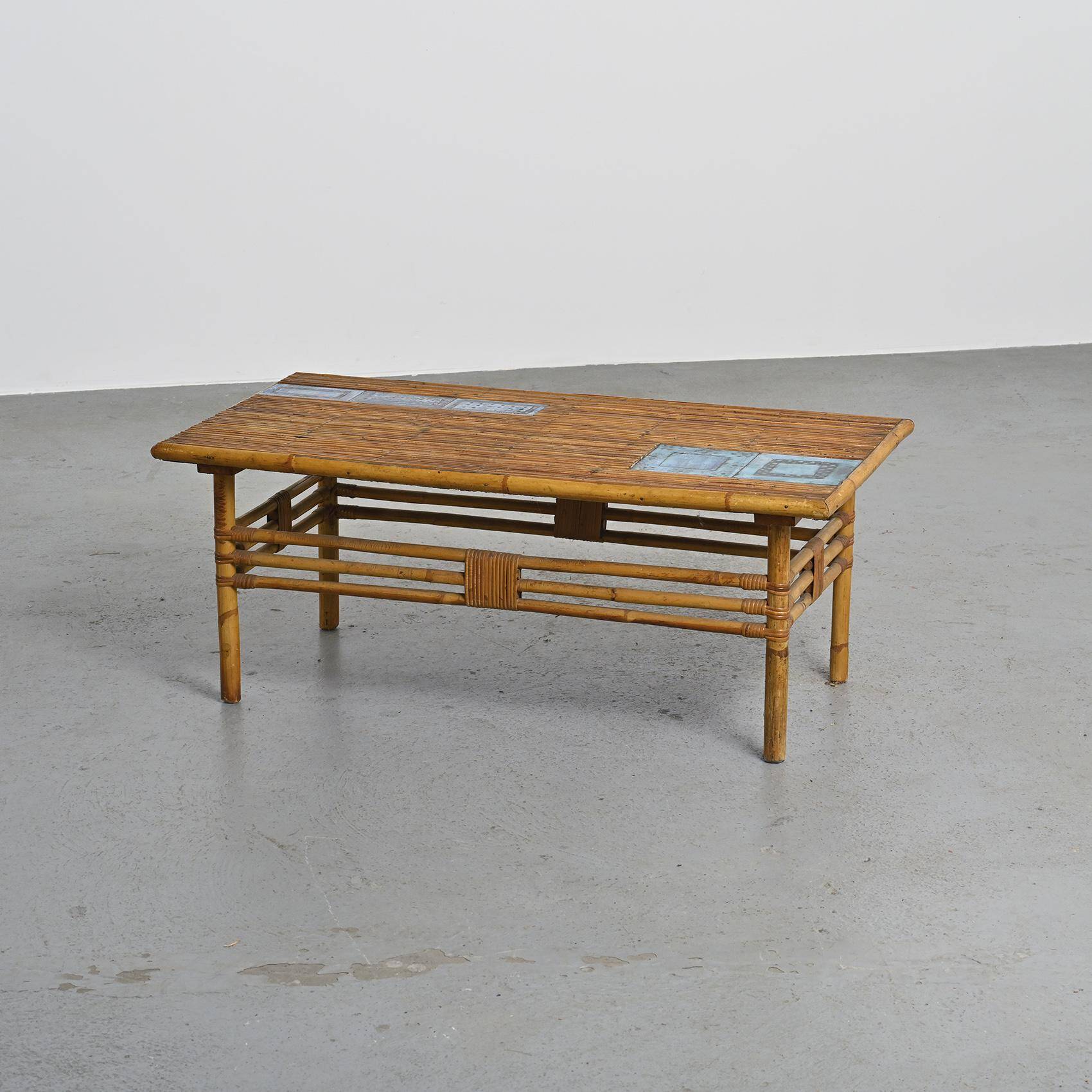 Coffee table with blue ceramic tiles by Robert and Jean Cloutier