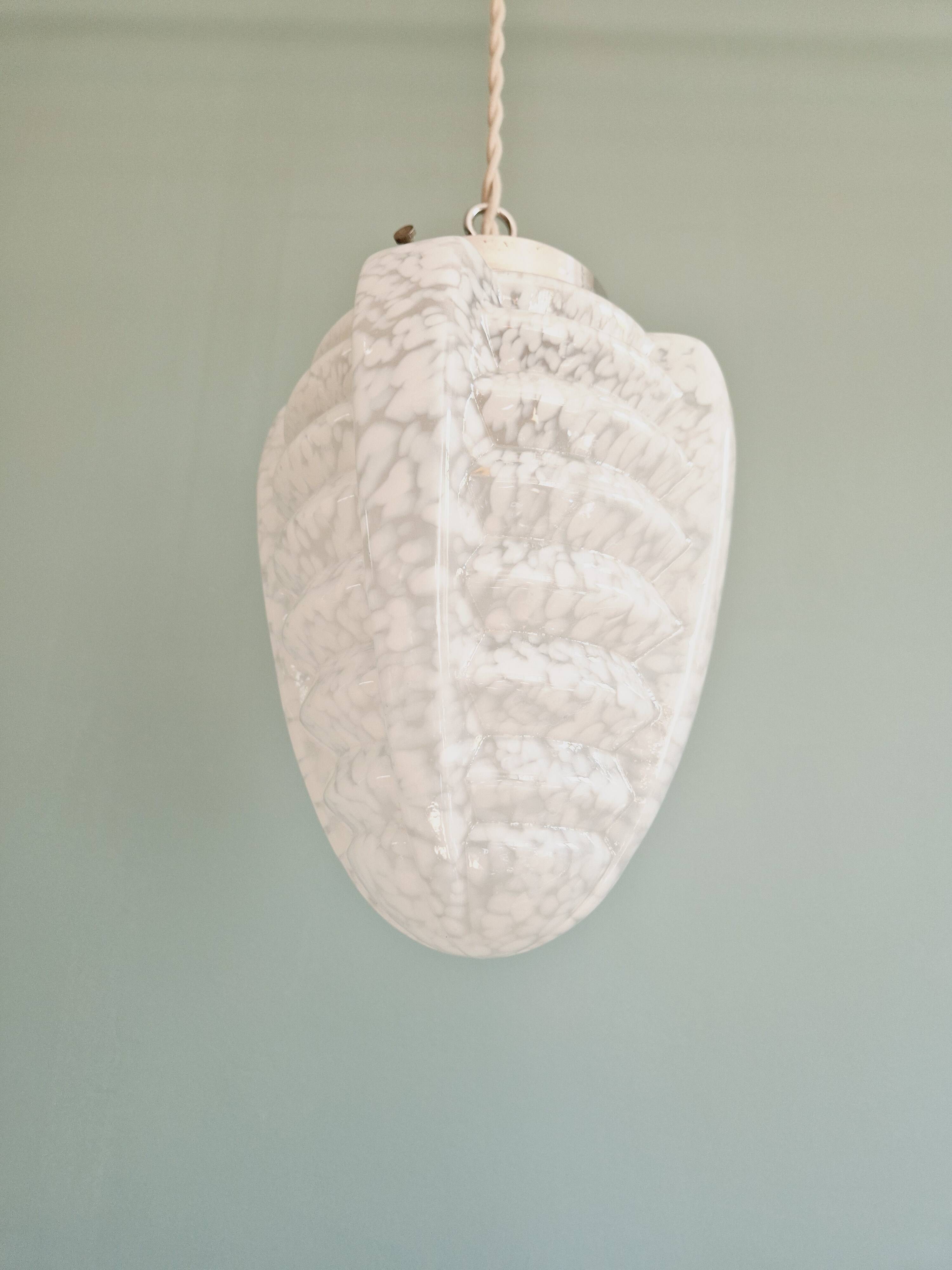 Art Deco pendant light in white speckled glass, 1920s-30s
