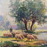 Hst painting "shepherd and sheep near the pond" signed a. disert impressionism