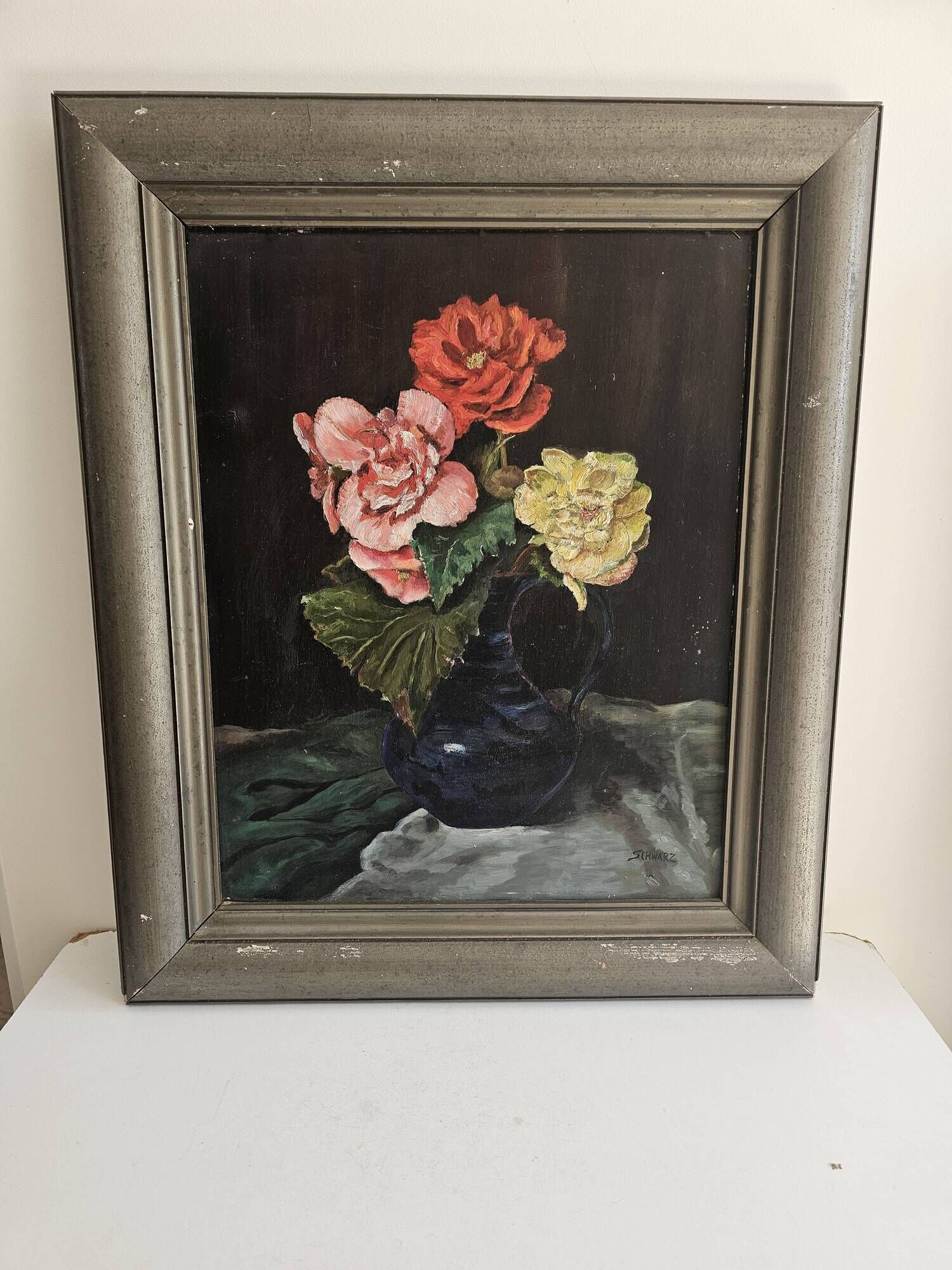 Tableau Huile sur Panneau Nature morte - bouquet de Roses Signé Schwarz