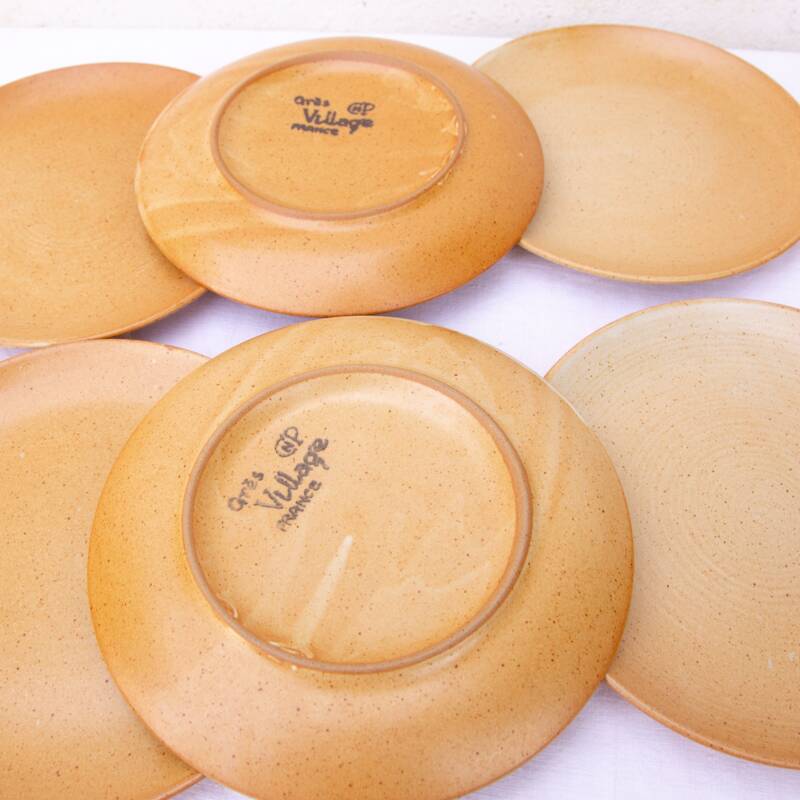 6 village stoneware dessert plates France